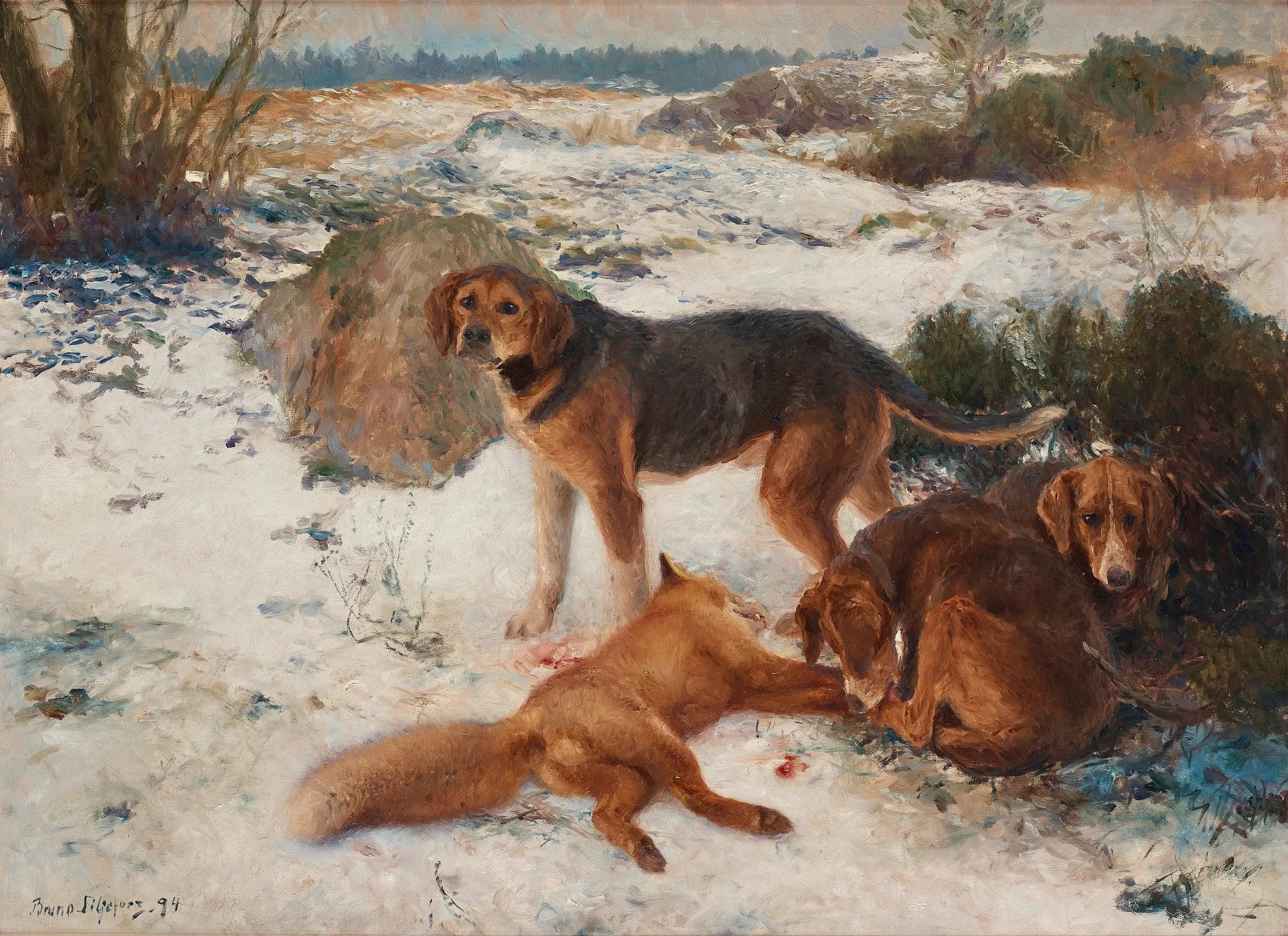 Chasse au renard avec des chiens courants - Bruno Liljefors image 1 reproduction de peinture à l’huile