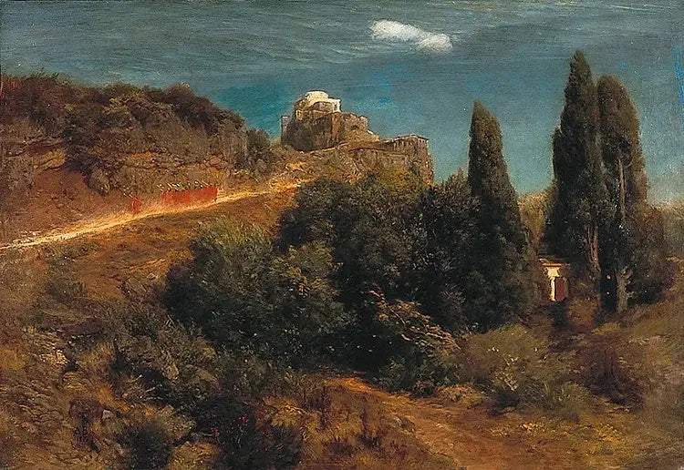 Château de montagne avec un cortège de chevaliers - Arnold Böcklin image 1 copie peinte à la main à l’huile