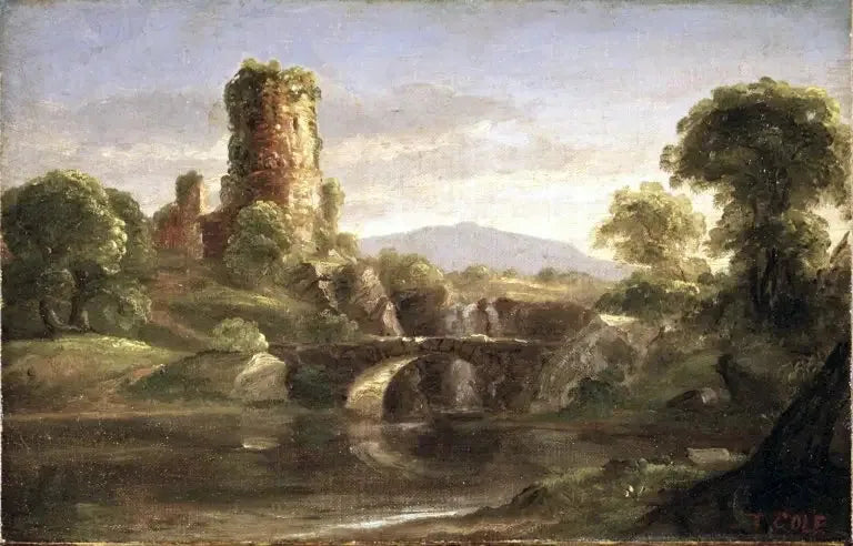 Castelo em ruínas e rio - Thomas Cole