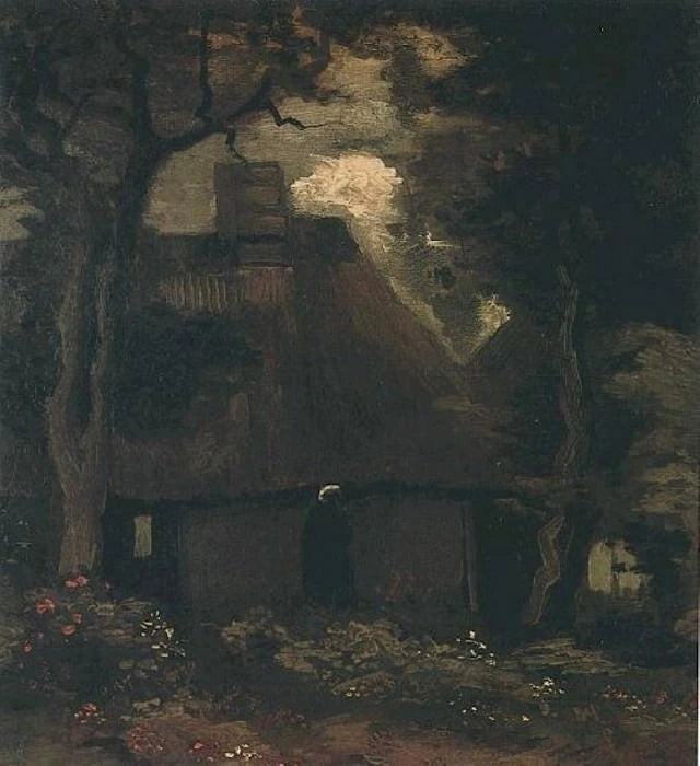 Chalé com árvores e camponesa - Vincent van Gogh