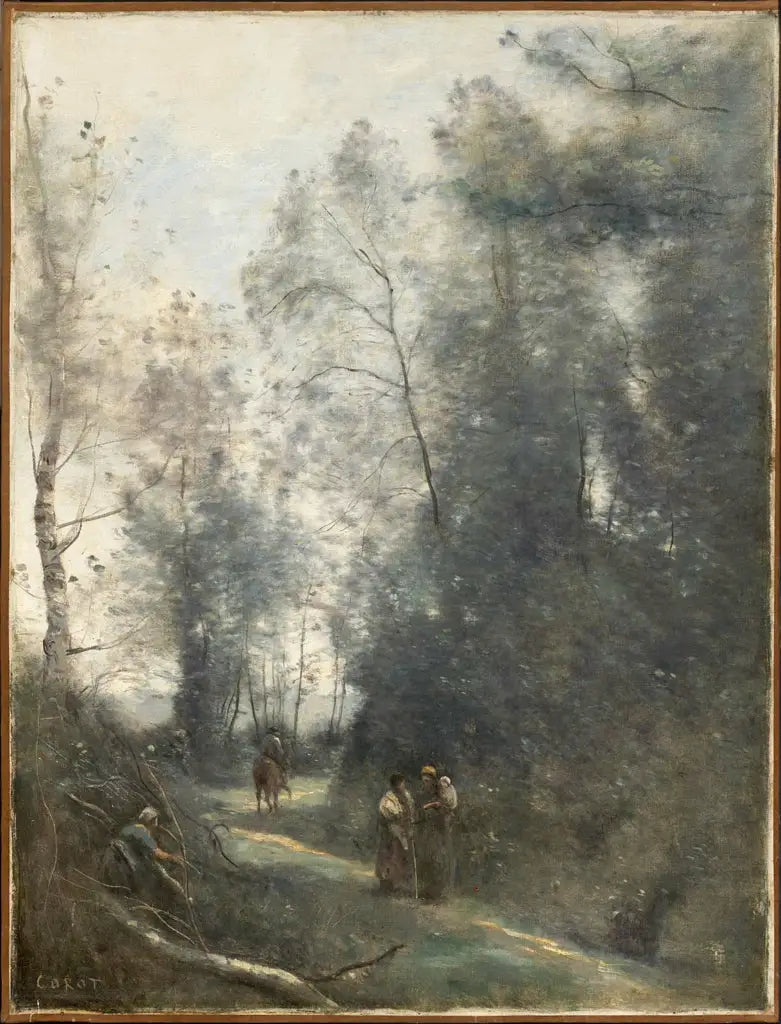 Caminho sinuoso com três camponesas e um cavaleiro - Jean-Baptiste Camille Corot