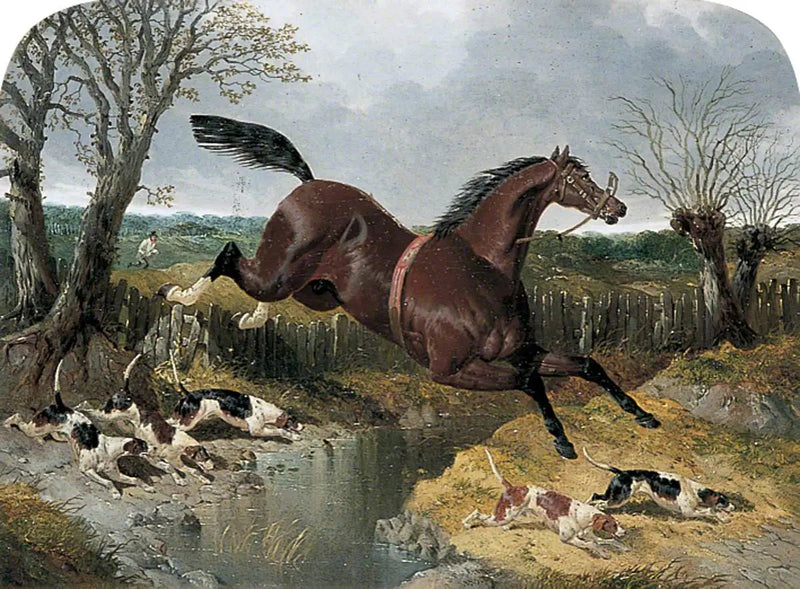 Cavalo pardo fugitivo com beagles - John Frederick Herring, Sr.