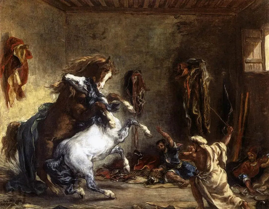 Cavalos árabes lutando em um estábulo - Eugène Delacroix