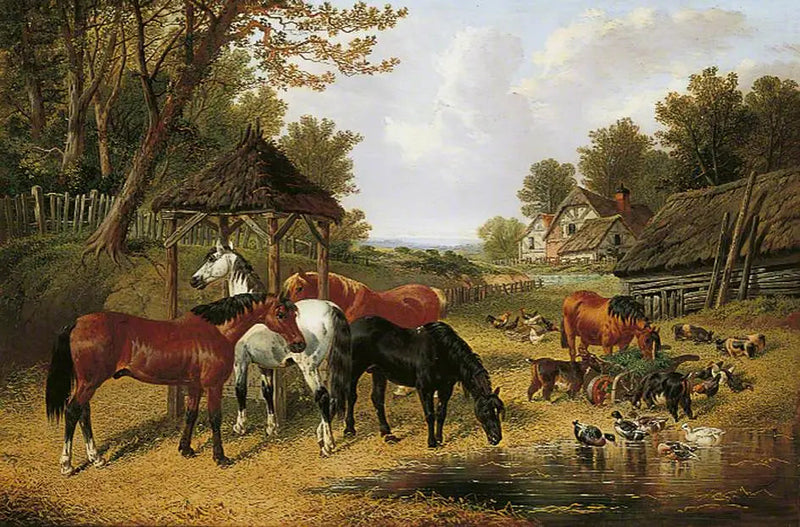 Cavalos à beira de um lago de fazenda - John Frederick Herring, Sr.