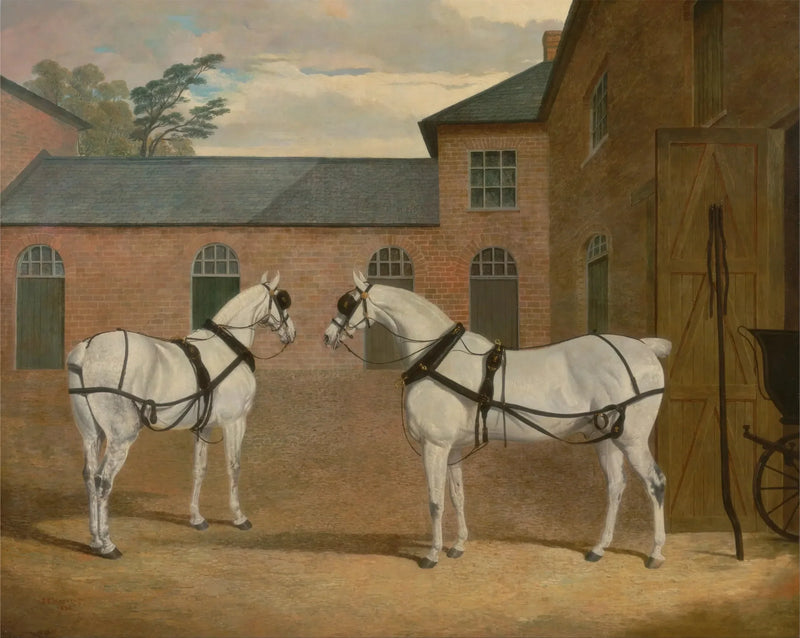 Cavalos de carruagem cinza no pátio das carruagens de Putteridge Bury, Hertfordshire - John Frederick Herring, Sr.