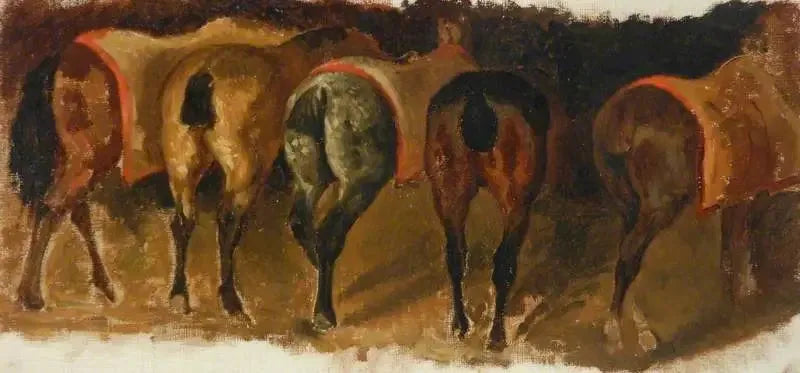 Cavalos em pé em um estábulo - Théodore Géricault