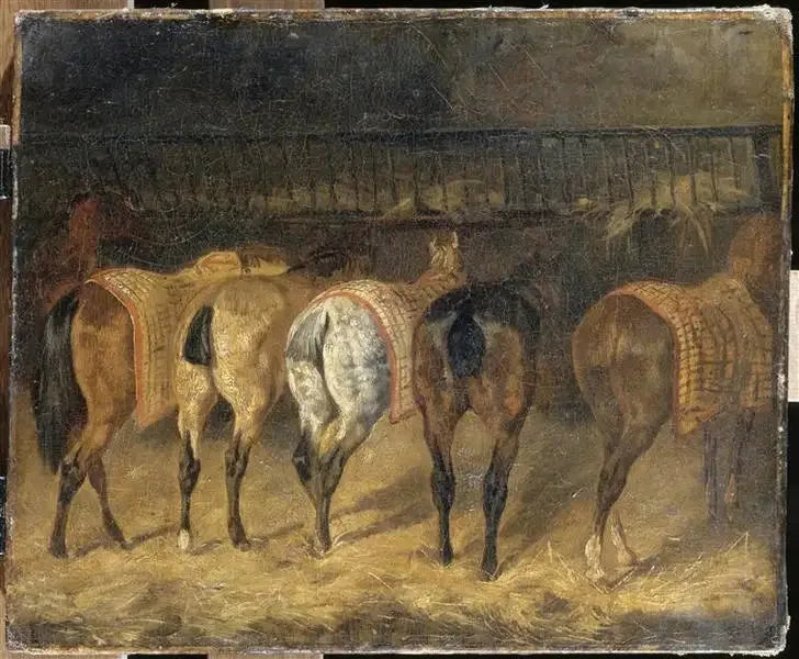 Cinco cavalos vistos pela traseira em um estábulo - Théodore Géricault