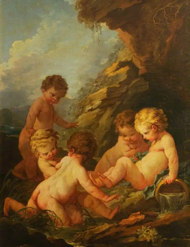 Cinco crianças nuas brincando à beira de uma piscina rochosa - François Boucher