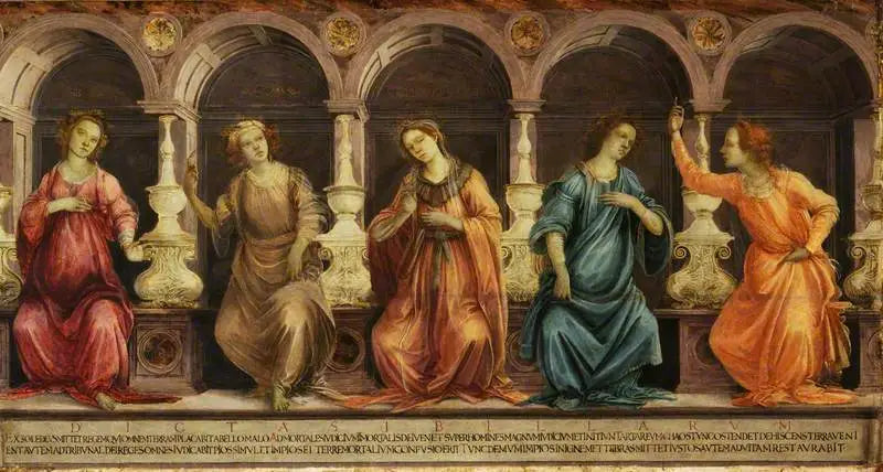 Cinco sibilas sentadas em nichos: a Samiense, a Cumeense, a Helespontica, a Frigiensa e a Tiburtina - Filippino Lippi