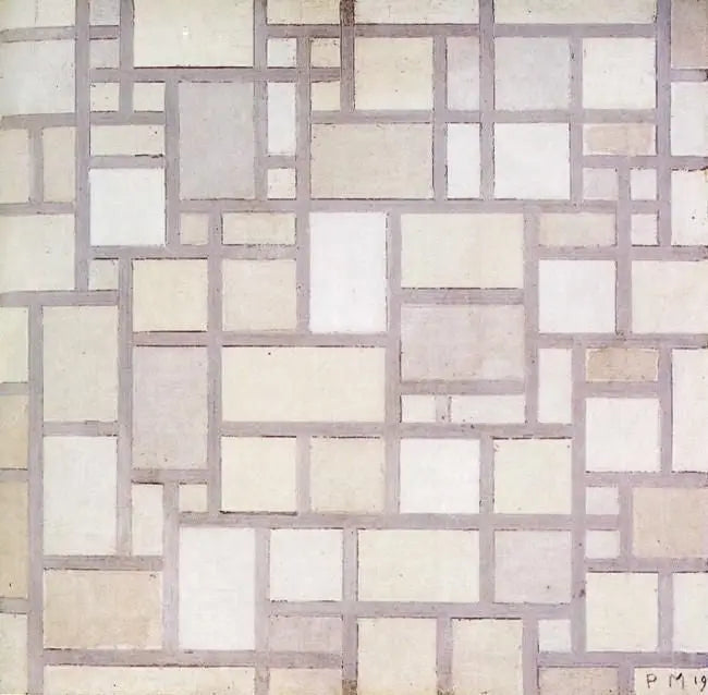 Composição 7: Planos de cor clara com contornos cinzas - Piet Mondrian