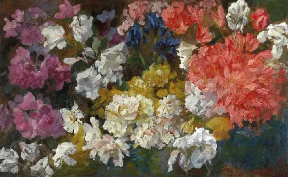 Reproduction du tableau « Composition florale avec rhodondendrons et iris - Piet Mondrian » par Alpha Reproduction en peinture à l’huile
