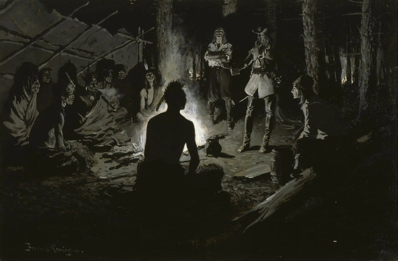 Conselho dos exploradores franceses com os índios - Frederic Remington