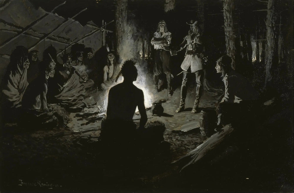 Conseil des explorateurs français avec les Indiens - Frederic Remington image 1 copie de tableau peinte à la main