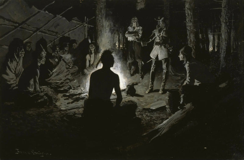 Conselho dos exploradores franceses com os índios - Frederic Remington