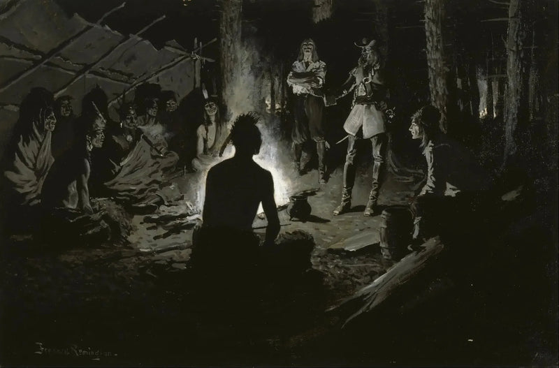 Conselho dos exploradores franceses com os índios - Frederic Remington