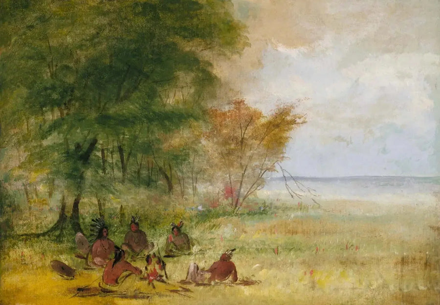 Conselho indígena Sioux, chefes em profunda deliberação - George Catlin