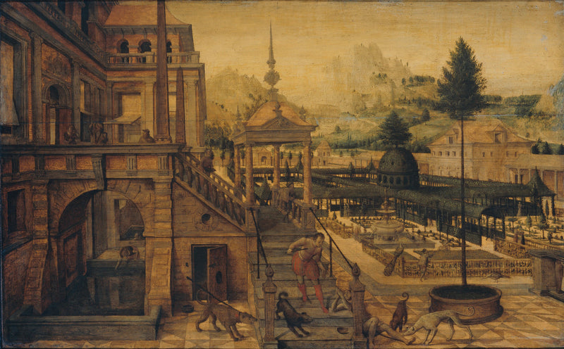 Construction d'un parc dans un palais avec le pauvre Lazare au premier plan - Hans Vredeman de Vries