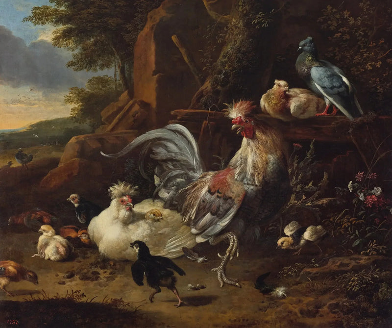 Galo, galinhas e outras aves de capoeira em um pátio - Melchior de Hondecoeter