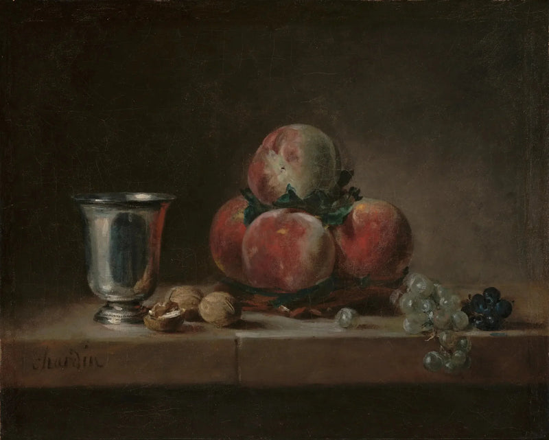 Cesto de pêssegos com um copo de prata - Jean Simeón Chardin