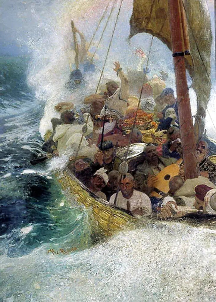 Cossacos no Mar Negro. Cossacos zaporogues em uma chaika durante uma tempestade. - Ilya Repin