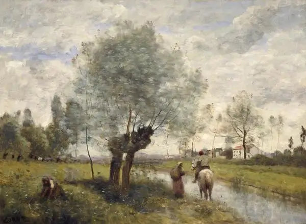 Coubron. Cavaleiro passando por uma estrada perto de um salgueiro - Jean-Baptiste Camille Corot