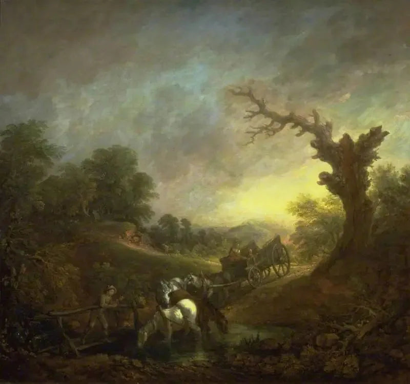 Pôr do sol: Cavalos de tração bebendo à beira de um riacho - Thomas Gainsborough
