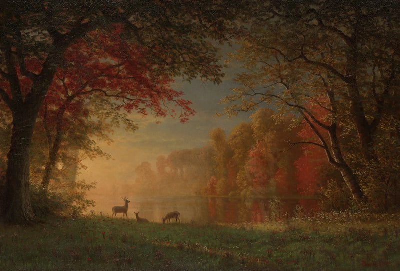 Pôr do sol indiano: cervo à beira de um lago - Albert Bierstadt