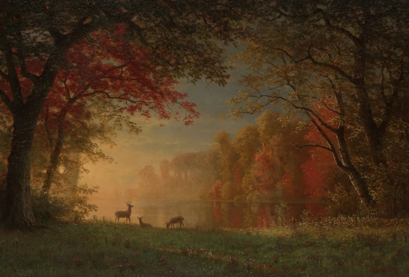 Pôr do sol indiano: cervo à beira de um lago - Albert Bierstadt