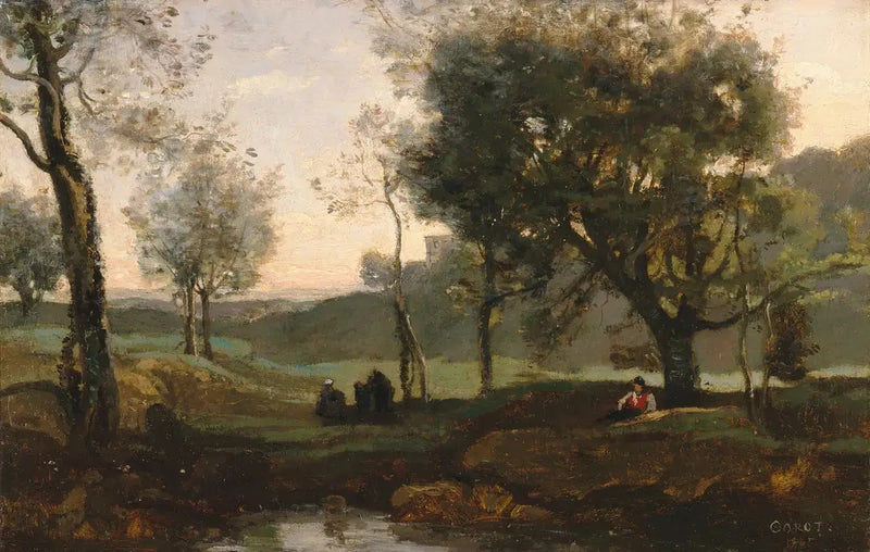 Pôr do sol: personagens sob as árvores - Jean-Baptiste Camille Corot