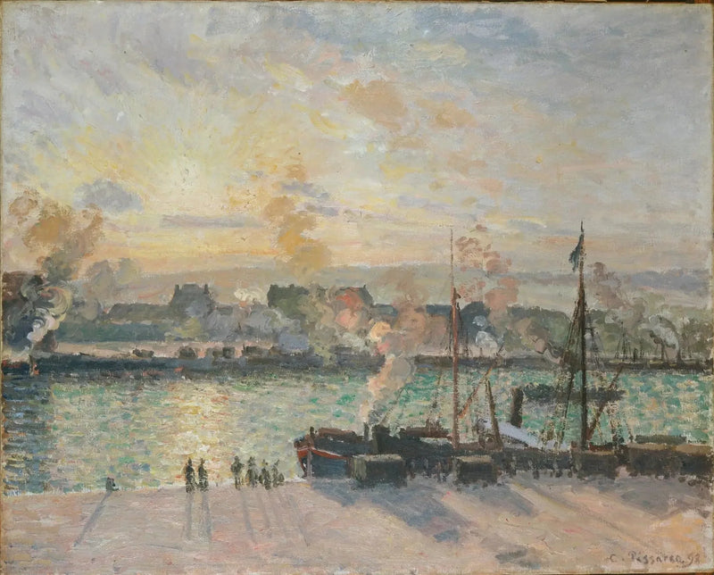 Pôr do sol, porto de Rouen (barcos a vapor) - Camille Pissarro