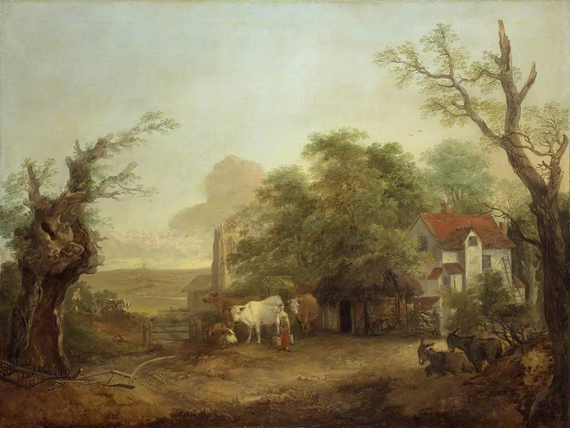Pátio de fazenda com vaca leiteira, vacas e burros - Thomas Gainsborough