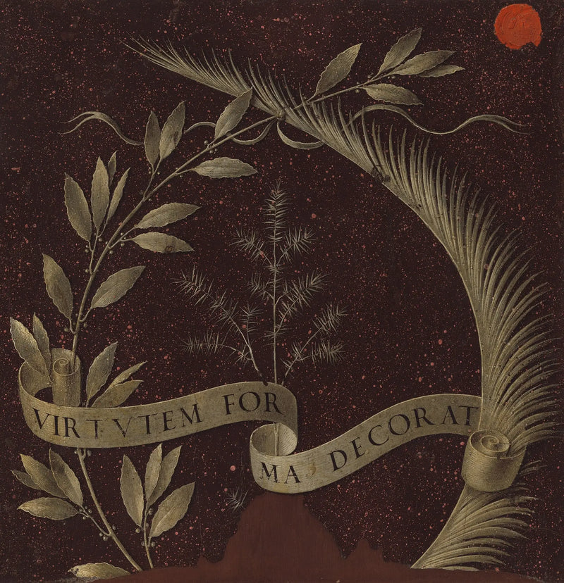 Coroa de louro, de palmeira e de zimbro com um pergaminho contendo a inscrição Virtutem Forma Decorat [reverso] - Leonardo da Vinci