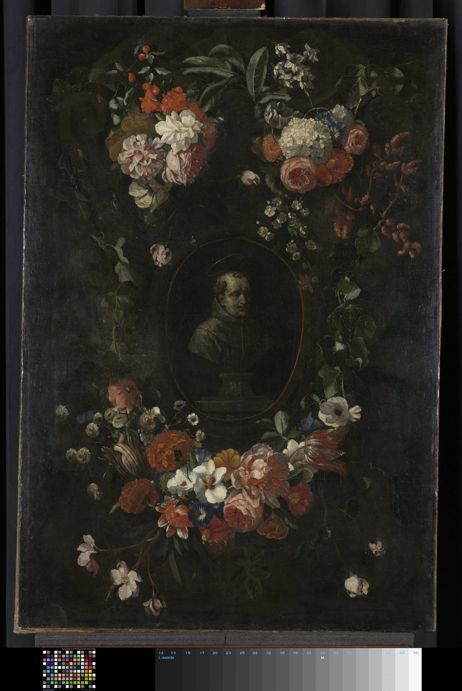 Couronne de fleurs autour du portrait de Hieronymus van Weert, martyr de Gorkum - Wouter Gysaerts