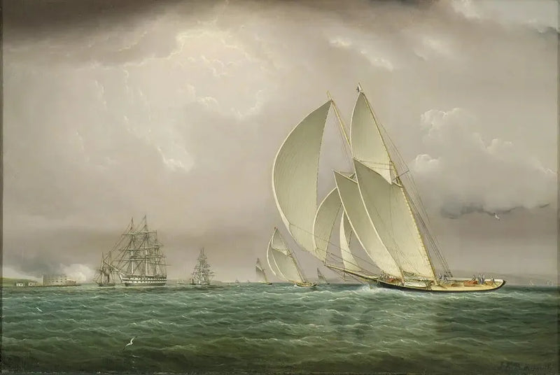 Corrida de iates no porto de Nova York com saudação naval no castelo William na Ilha do Governador - James E. Buttersworth
