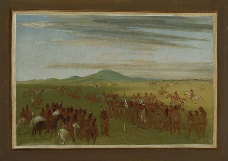 Corridas de cavalos em um percurso atrás da vila de Mandan - George Catlin