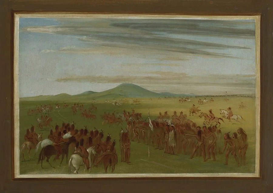 Corridas de cavalos em um percurso atrás da vila de Mandan - George Catlin