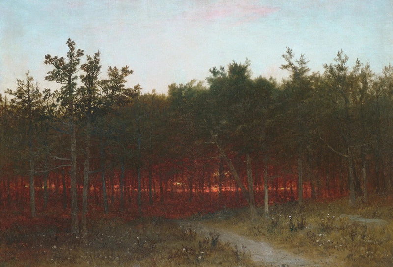 Crepúsculo entre os cedros em Darien, Connecticut - John Frederick Kensett