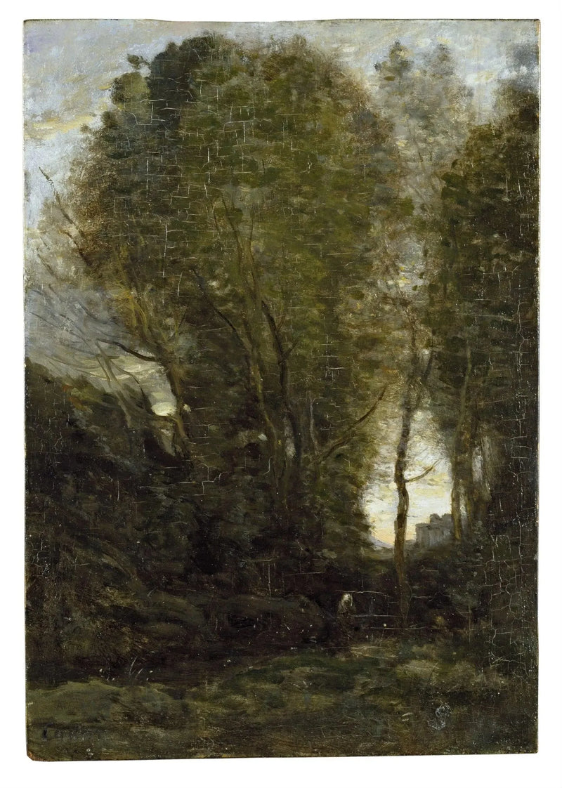 Crepúsculo: Paisagem com grandes árvores e uma figura feminina - Jean-Baptiste Camille Corot