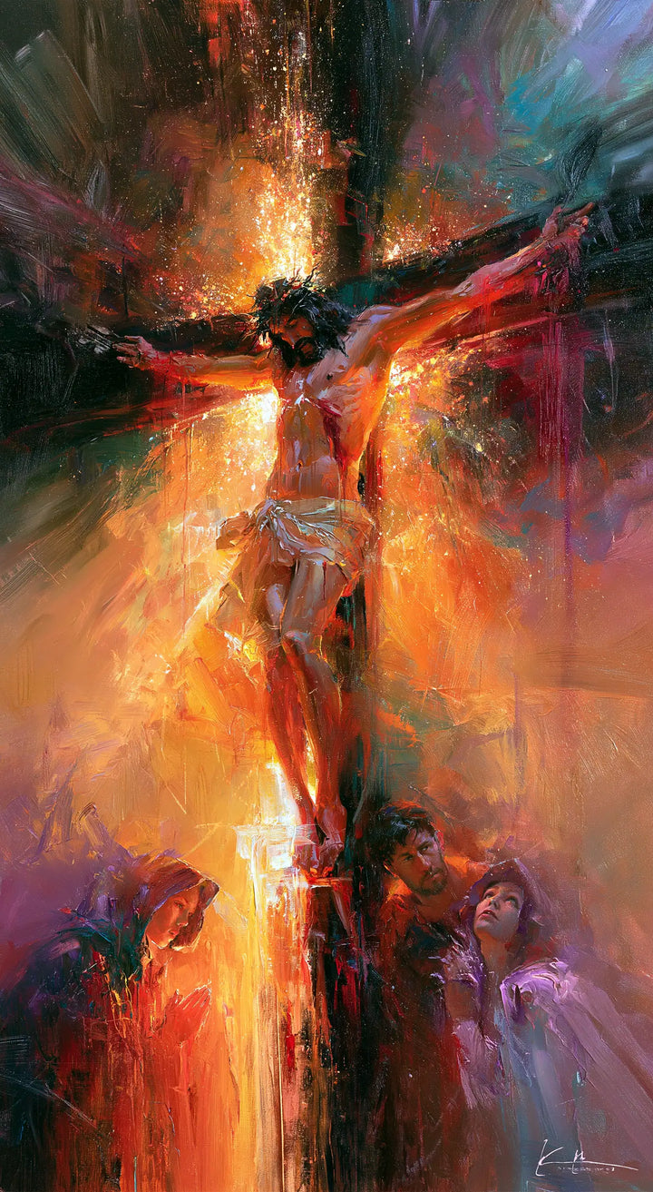 Crucifixion abstraite verticale feu multicolore — Peinture à l’huile sur commande