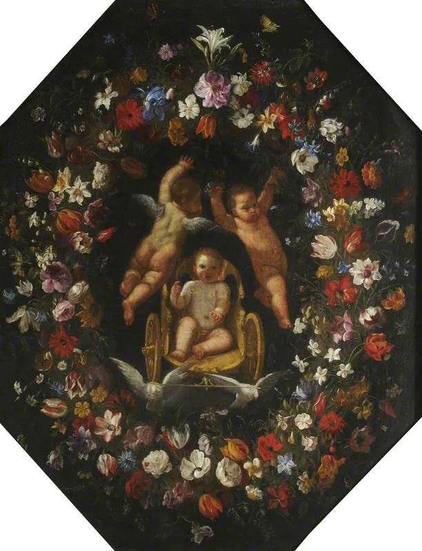 Cupido em uma carruagem, cercado por uma coroa de flores - Domenichino