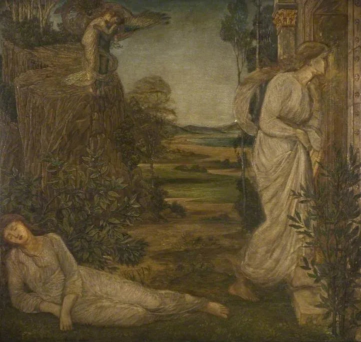 Cupido e Psique - Pinturas murais verdes do palácio - Edward Burne-Jones