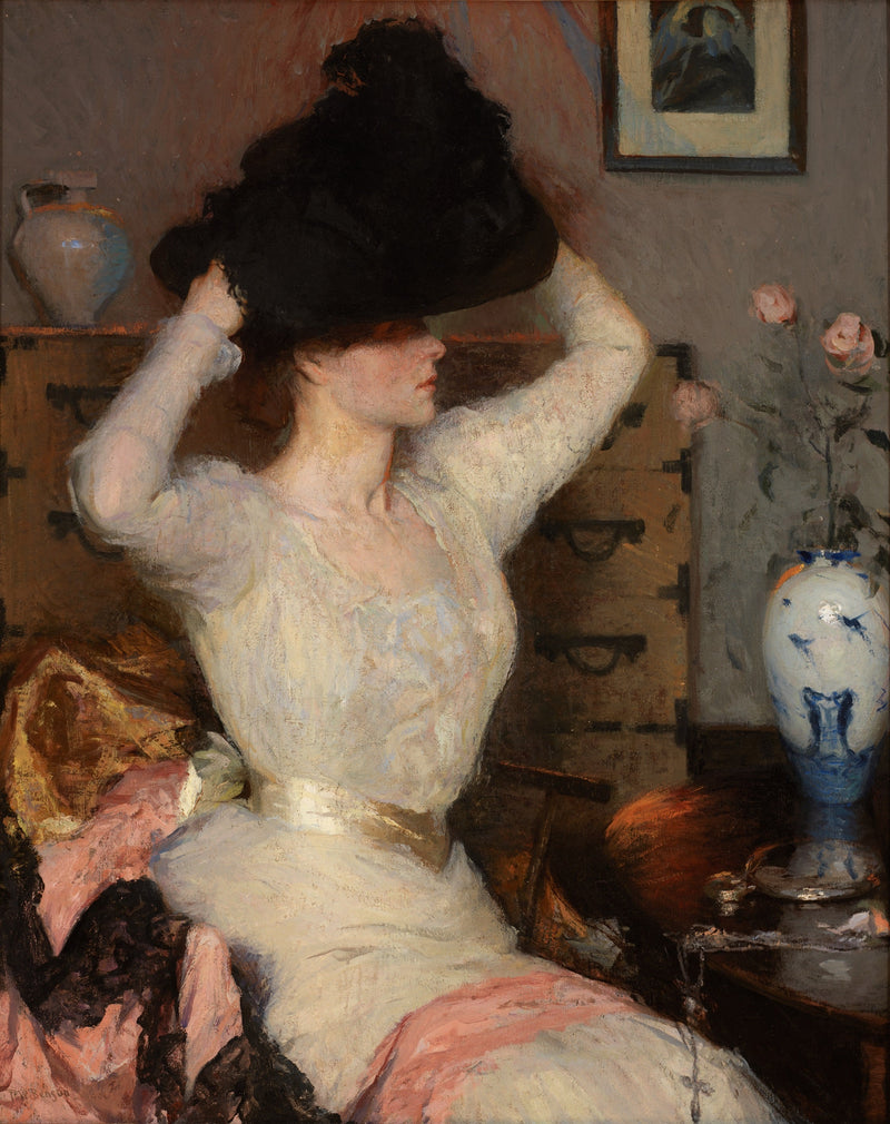 Dama experimentando um chapéu (O chapéu preto) - Frank Weston Benson