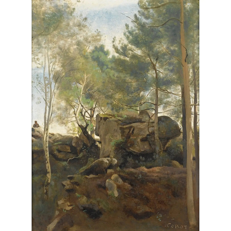Na floresta de Fontainebleau. Pinheiros e bétulas nas rochas - Jean-Baptiste Camille Corot