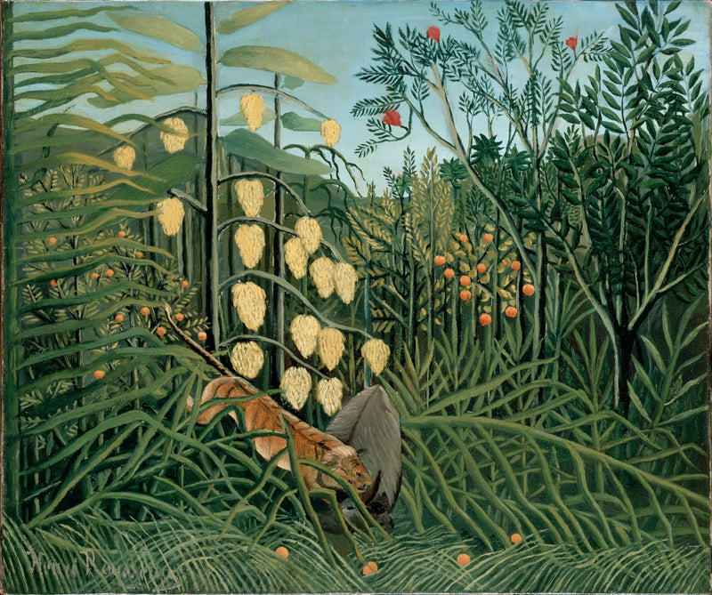 Na floresta tropical - Luta entre um tigre e um touro - Henri Rousseau
