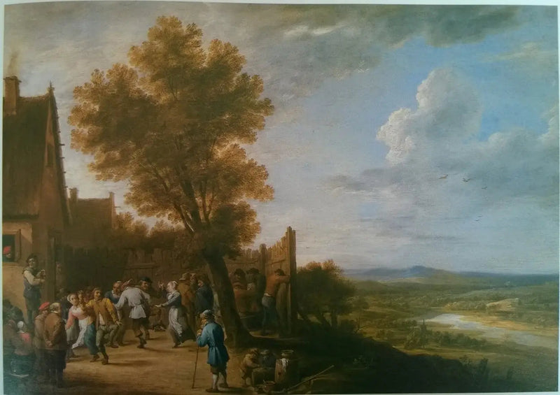 Dança da aldeia com vista para um rio - David Teniers o Jovem