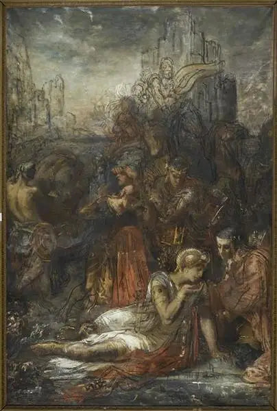 Darius, fugindo após a batalha de Arbelles, para, exausto de fadiga, para beber em uma poça - Gustave Moreau