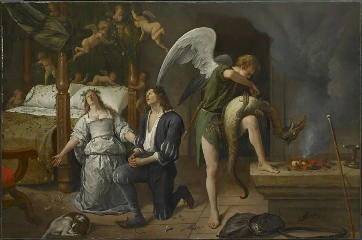 De Huwelijksnacht van Tobias en Sarah - Jan Steen image 1 tableau peint à l’huile sur toile