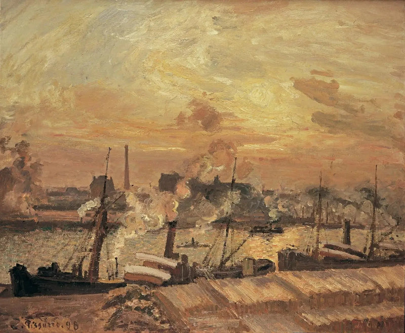 Descarregamento de madeira, cais da Bolsa, pôr do sol - Camille Pissarro