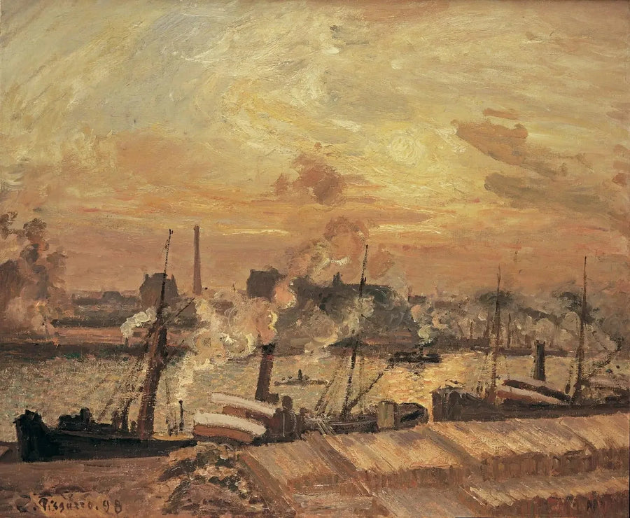 Descarregamento de madeira, cais da Bolsa, pôr do sol - Camille Pissarro