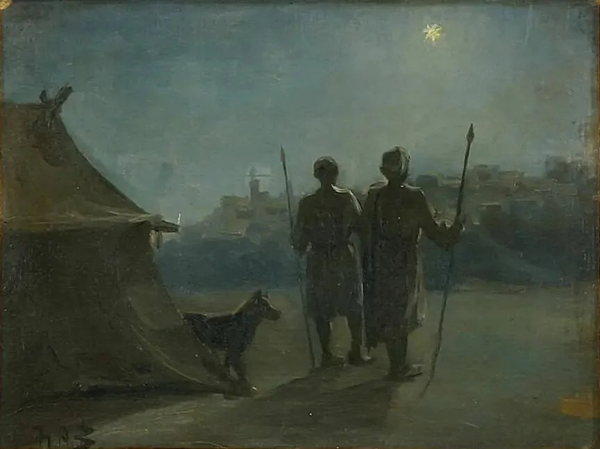 Decoração oriental com dois guardas na frente de uma tenda. - H. A. Brendekilde